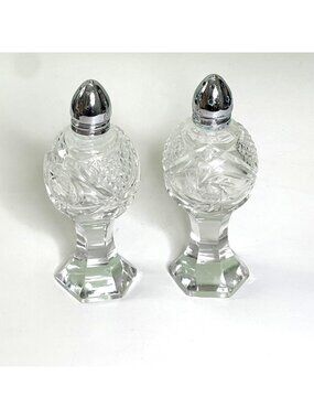 Vintage Etched Crystal Salt Pepper Set Pedestal Design Silverplate Caps 4.75"